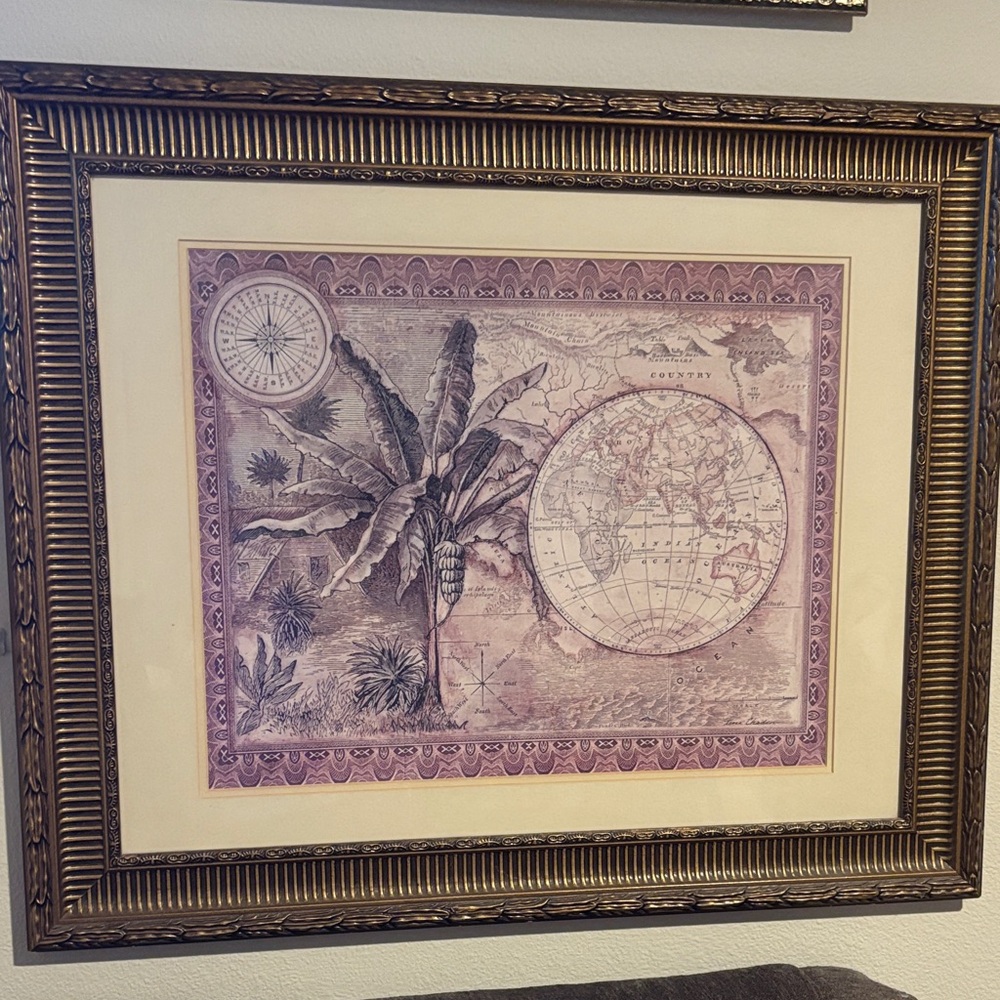 Gold Framed Double Matted Vintage World/Compas/PalmTree Map Art 34”x24”